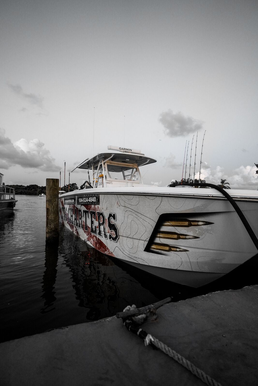 The 1776 Charters catamaran docked at Cypress Cove Marina in Venice, Louisiana