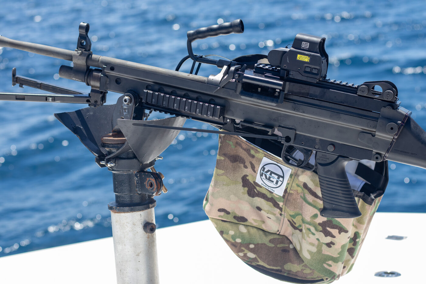 Close detail of the mounted machine gun and optics aboard 1776 Charters